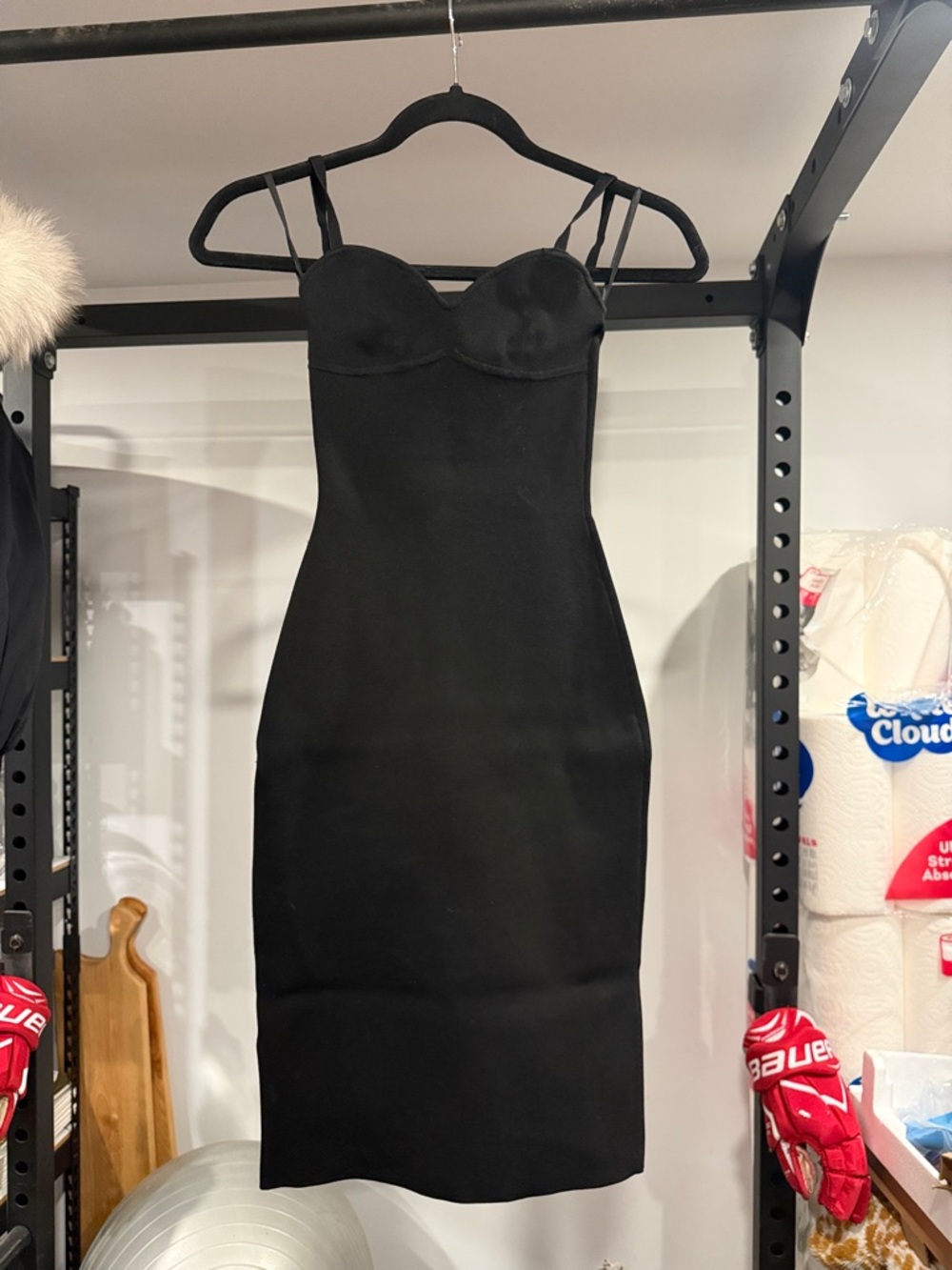 Babaton Black Midi Bodycon Dress with Double Straps